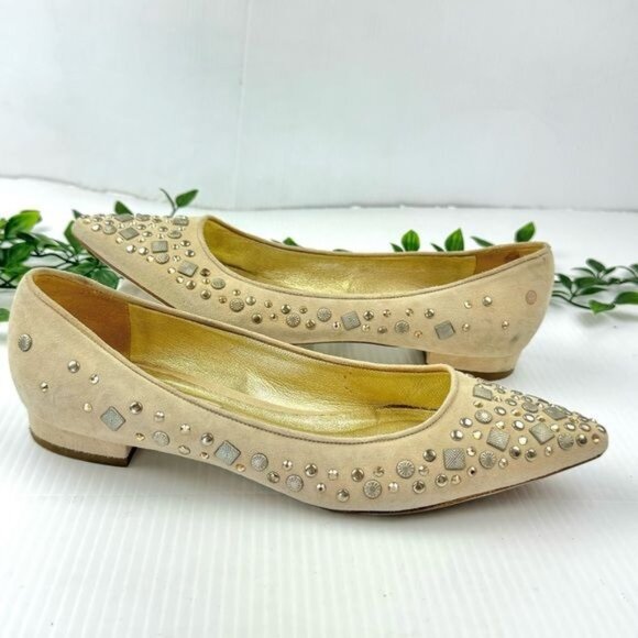 EMY MACK ivory studded suede ballet flats pointed toe 7.5 - Picture 1 of 12